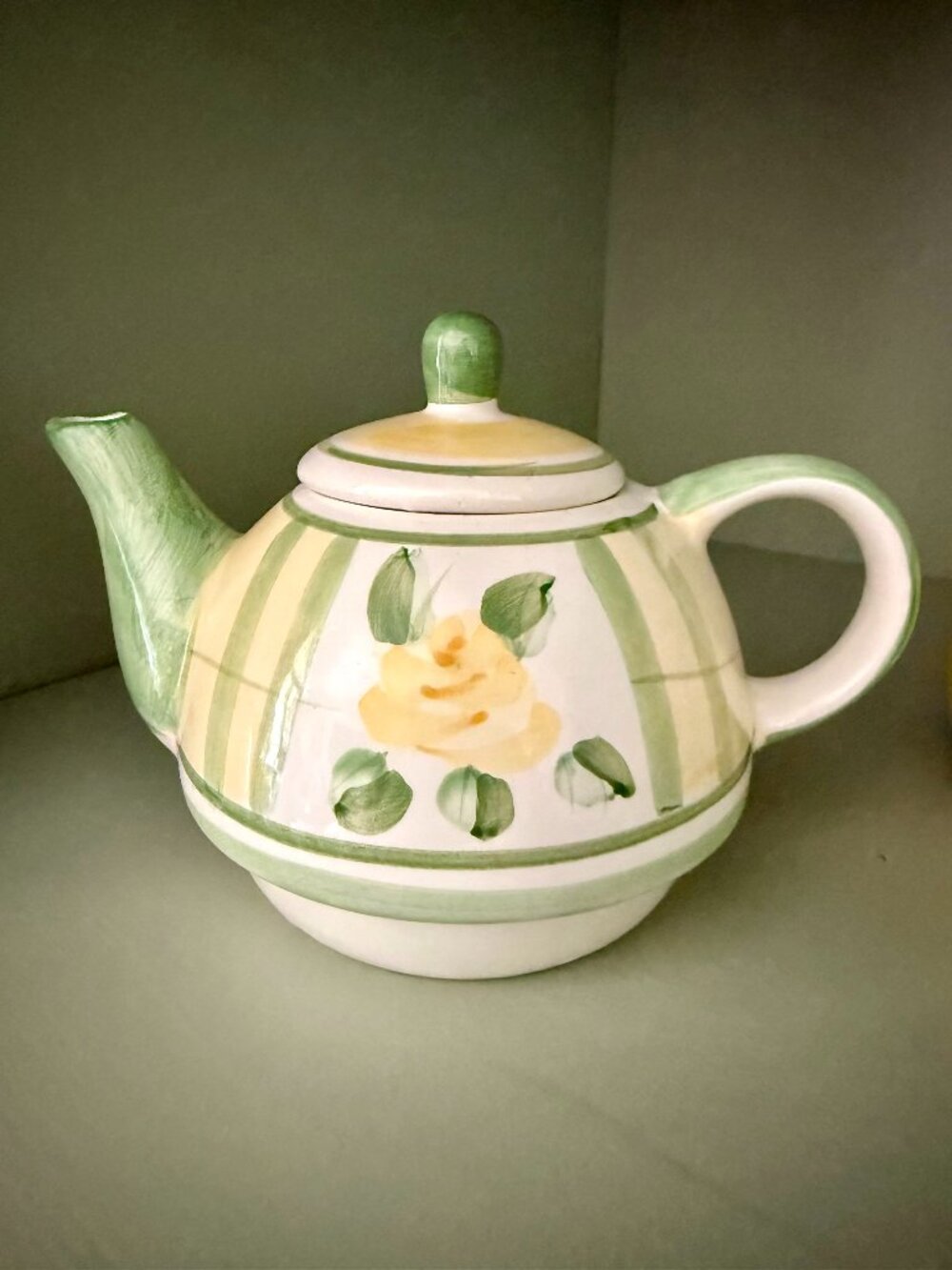 Royal Norfolk Vintage Small Ceramic Porcelain Teapot Yellow Rose & Green Stripe
